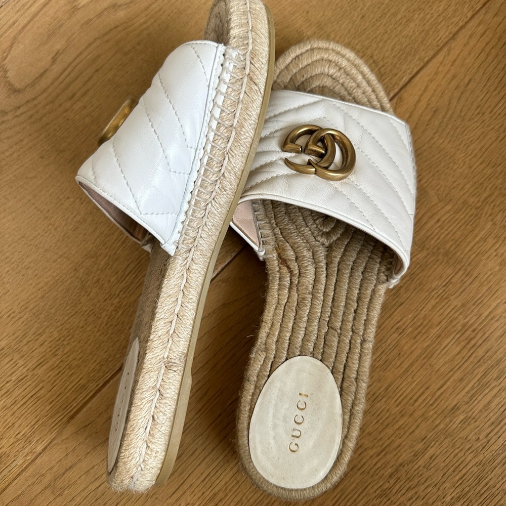 Gucci Cream Espadrille Slides with Gold Accent